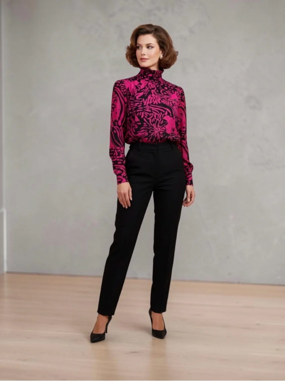 Vintage Christian Dior Size 12 Hot Pink Black Abstract Floral High Neck Blouse